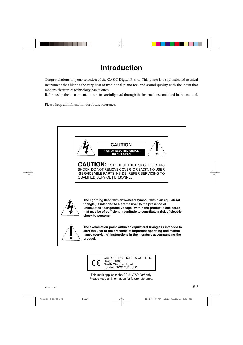 Introduction, Caution | Casio CELVIANO AP-33V User Manual | Page 5 / 50