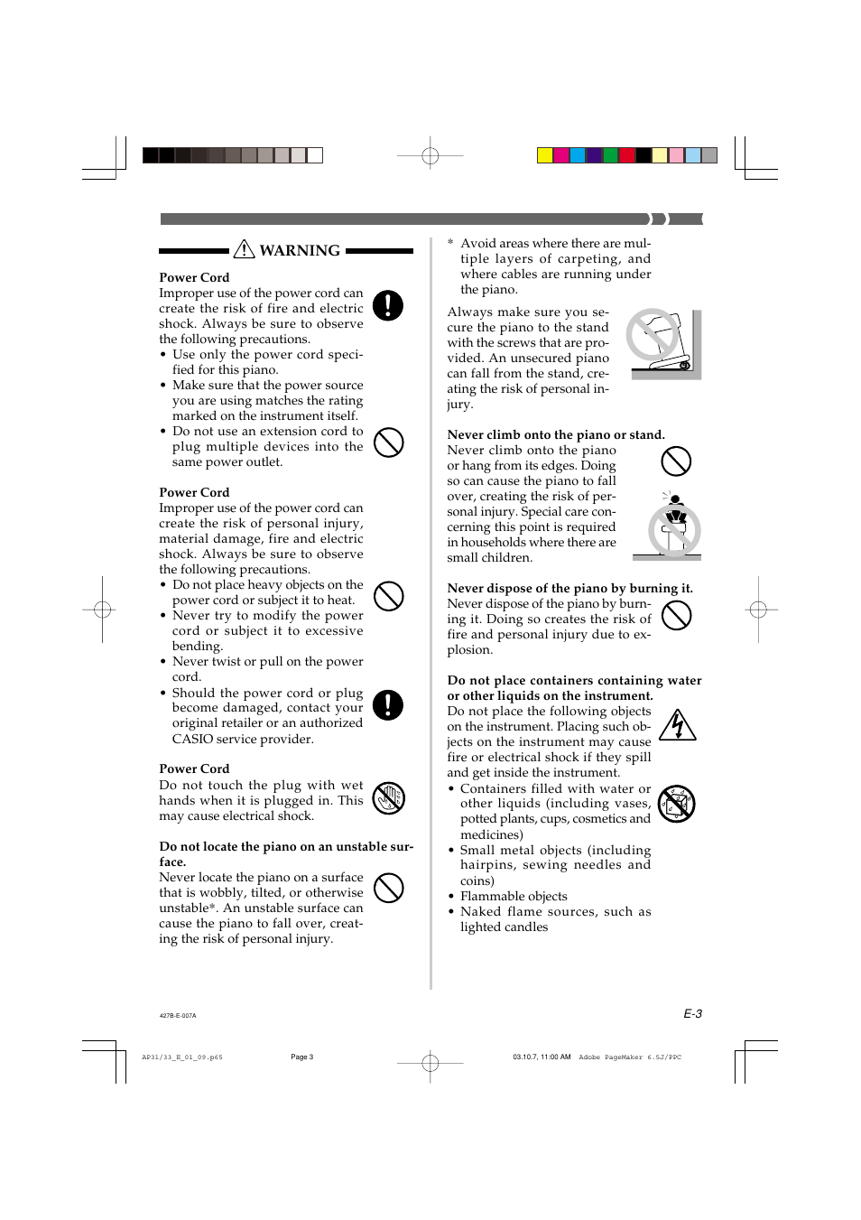 Warning | Casio CELVIANO AP-33V User Manual | Page 7 / 50
