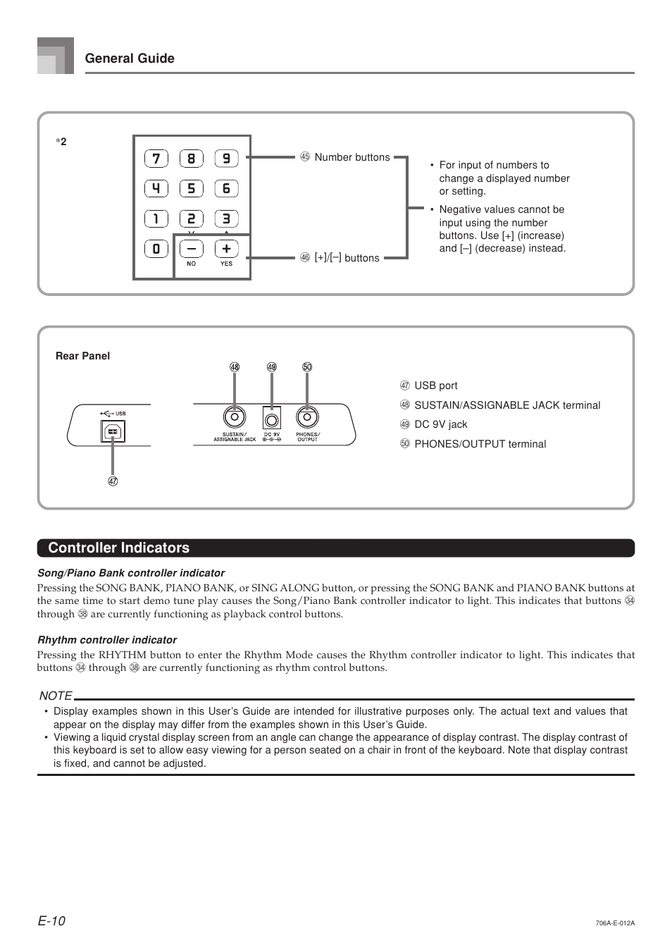 Controller indicators, E-10 general guide | Casio CTK800ES1A User Manual | Page 12 / 69