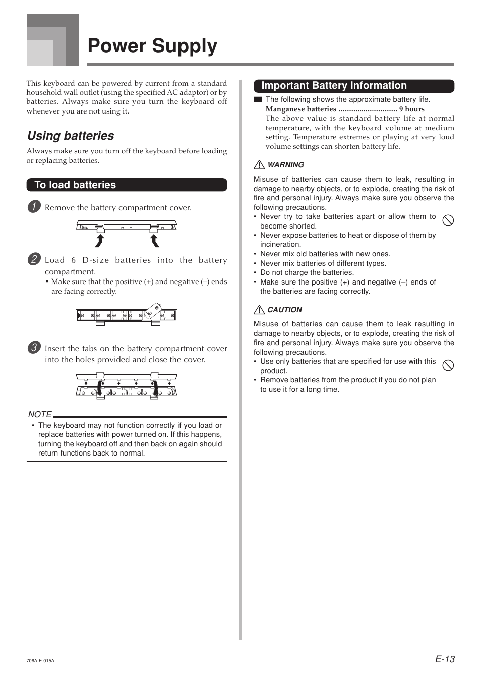 Power supply, Using batteries | Casio CTK800ES1A User Manual | Page 15 / 69