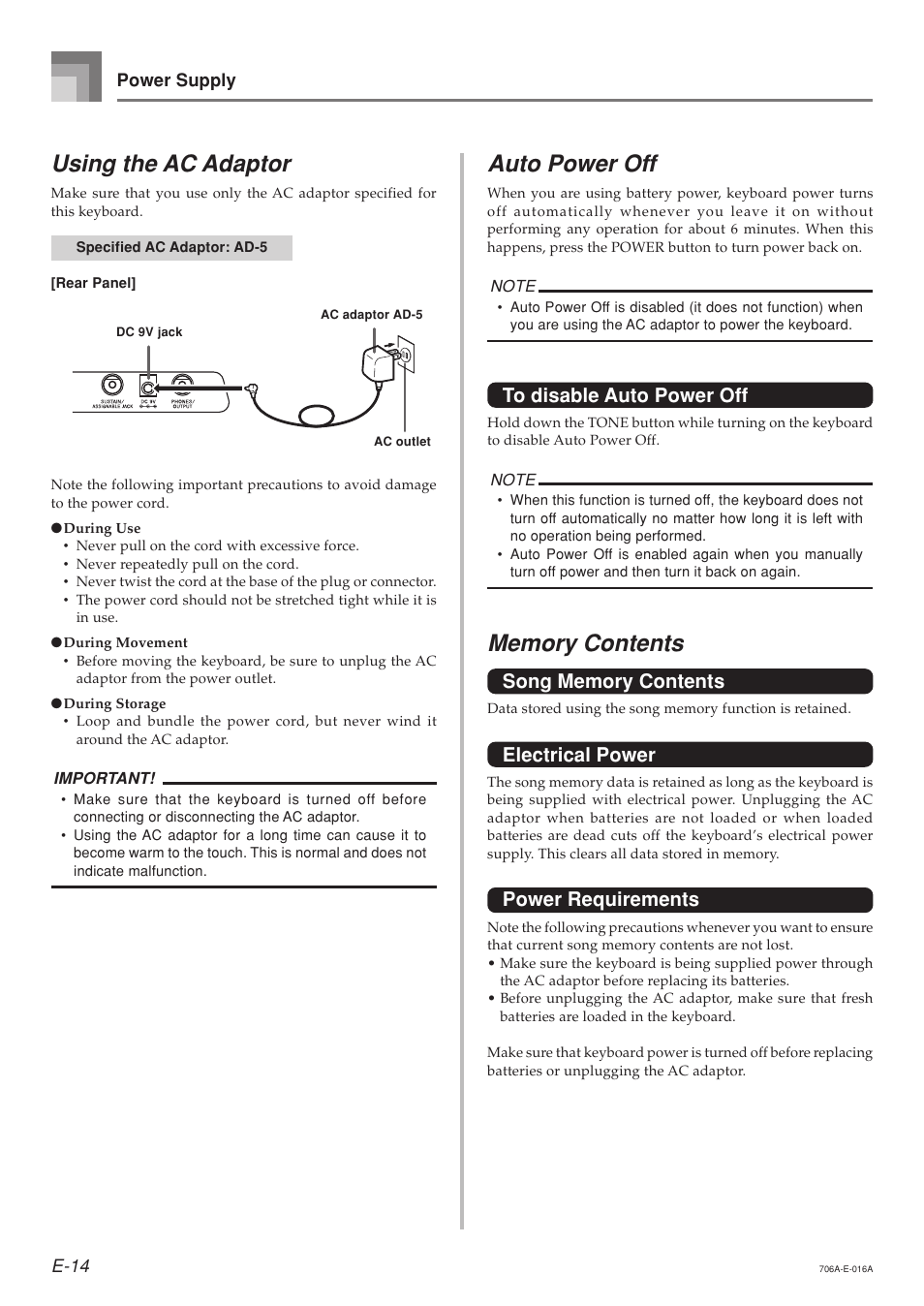 Using the ac adaptor, Auto power off, Electrical power | Power requirements | Casio CTK800ES1A User Manual | Page 16 / 69