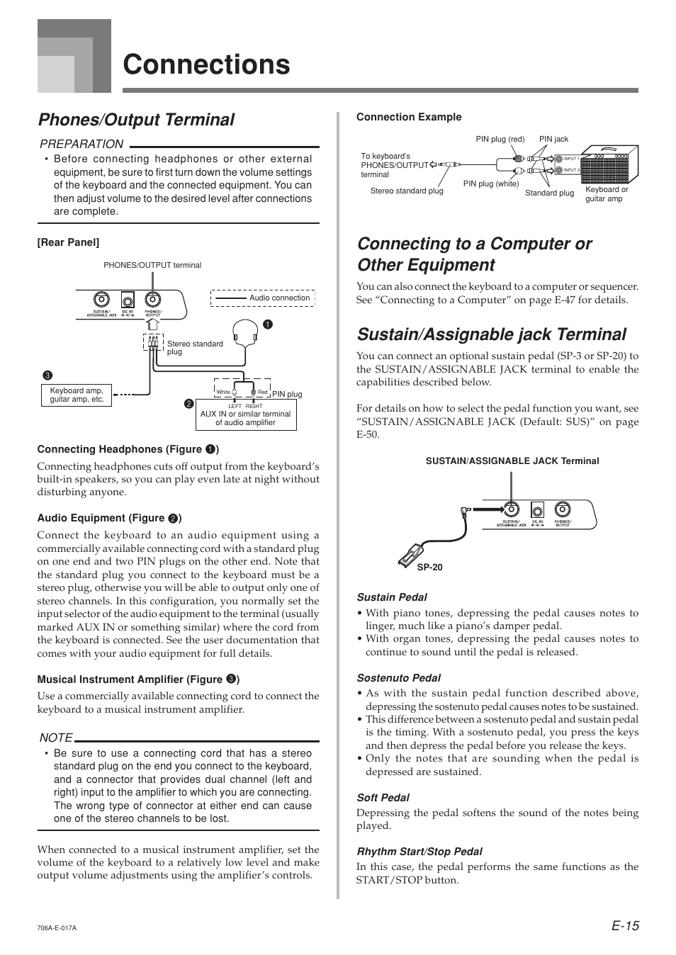 Connections, Phones/output terminal, Connecting to a computer or other equipment | Sustain/assignable jack terminal, E-15 | Casio CTK800ES1A User Manual | Page 17 / 69