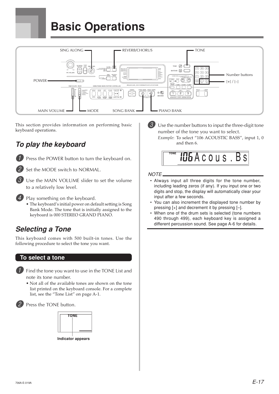 Basic operations, Selecting a tone | Casio CTK800ES1A User Manual | Page 19 / 69