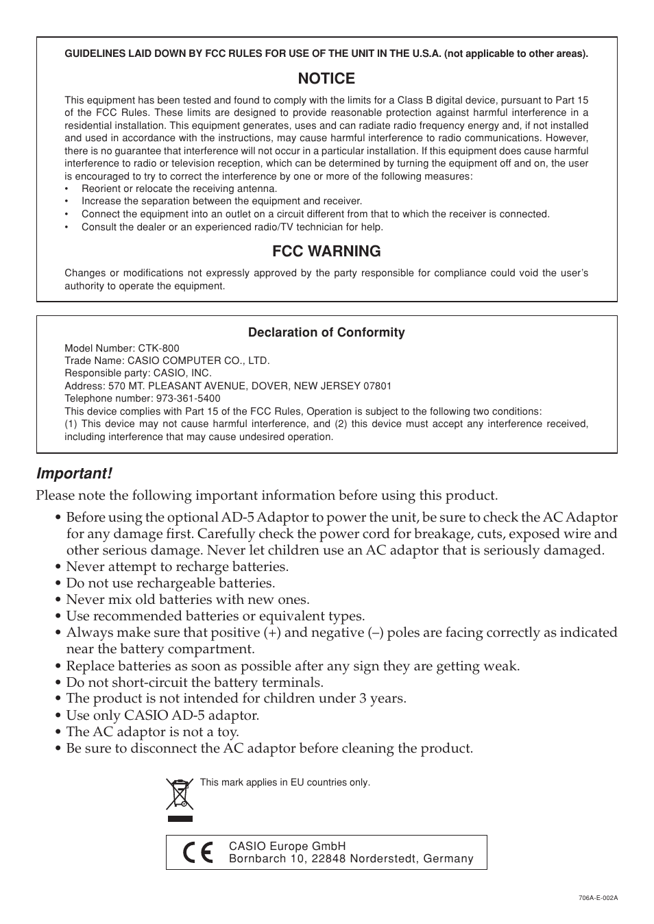 Notice, Fcc warning, Important | Casio CTK800ES1A User Manual | Page 2 / 69