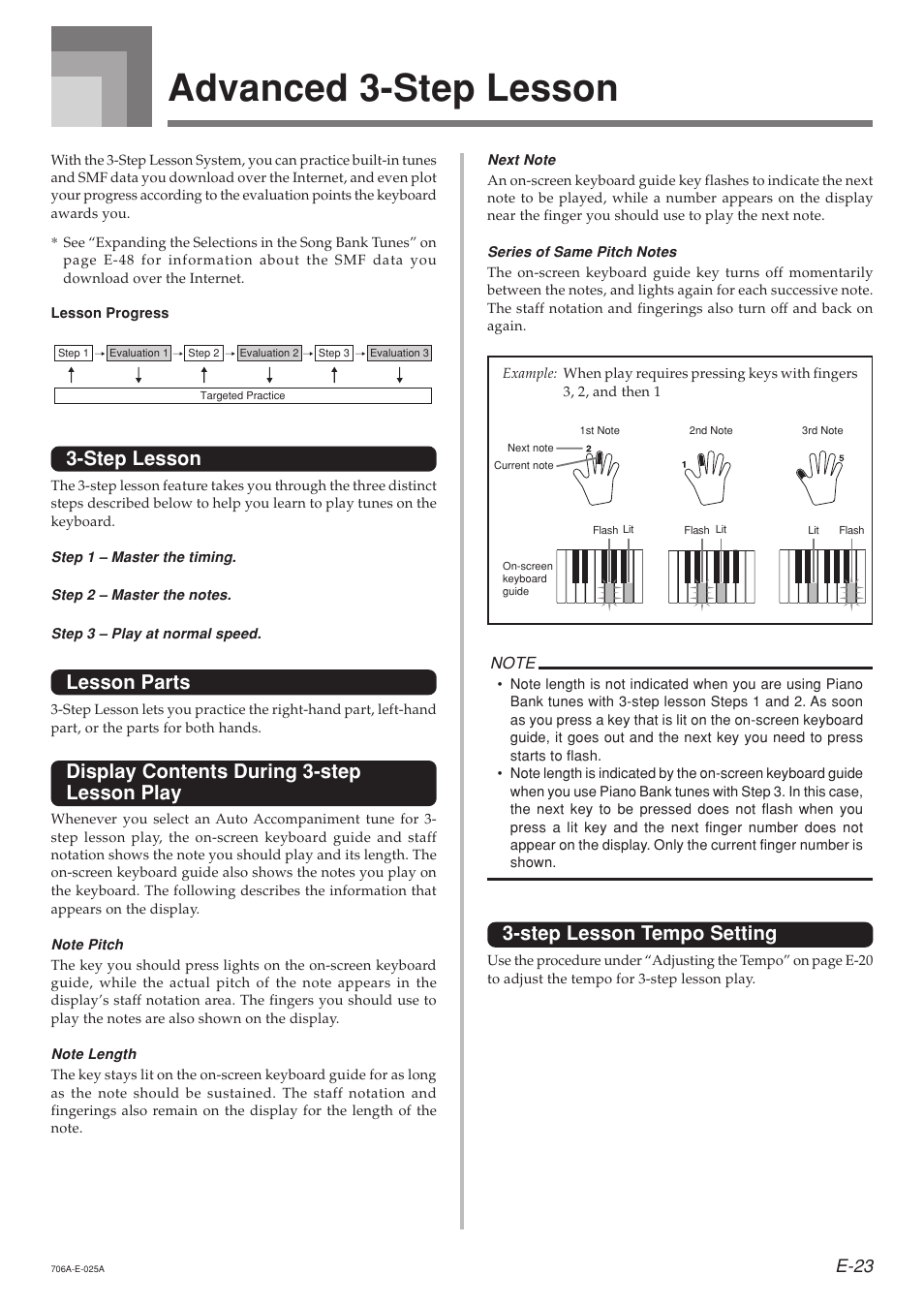 Advanced 3-step lesson, Step lesson, Lesson parts | Display contents during 3-step lesson play, Step lesson tempo setting, E-23 | Casio CTK800ES1A User Manual | Page 25 / 69