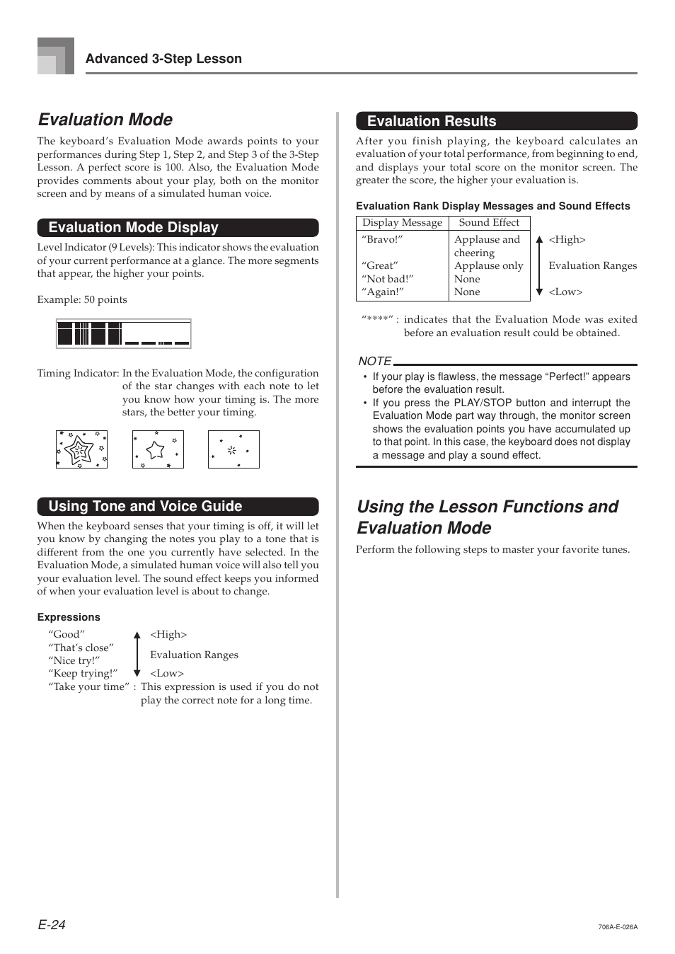 Evaluation mode, Using the lesson functions and evaluation mode, Evaluation mode display | Using tone and voice guide, Evaluation results | Casio CTK800ES1A User Manual | Page 26 / 69