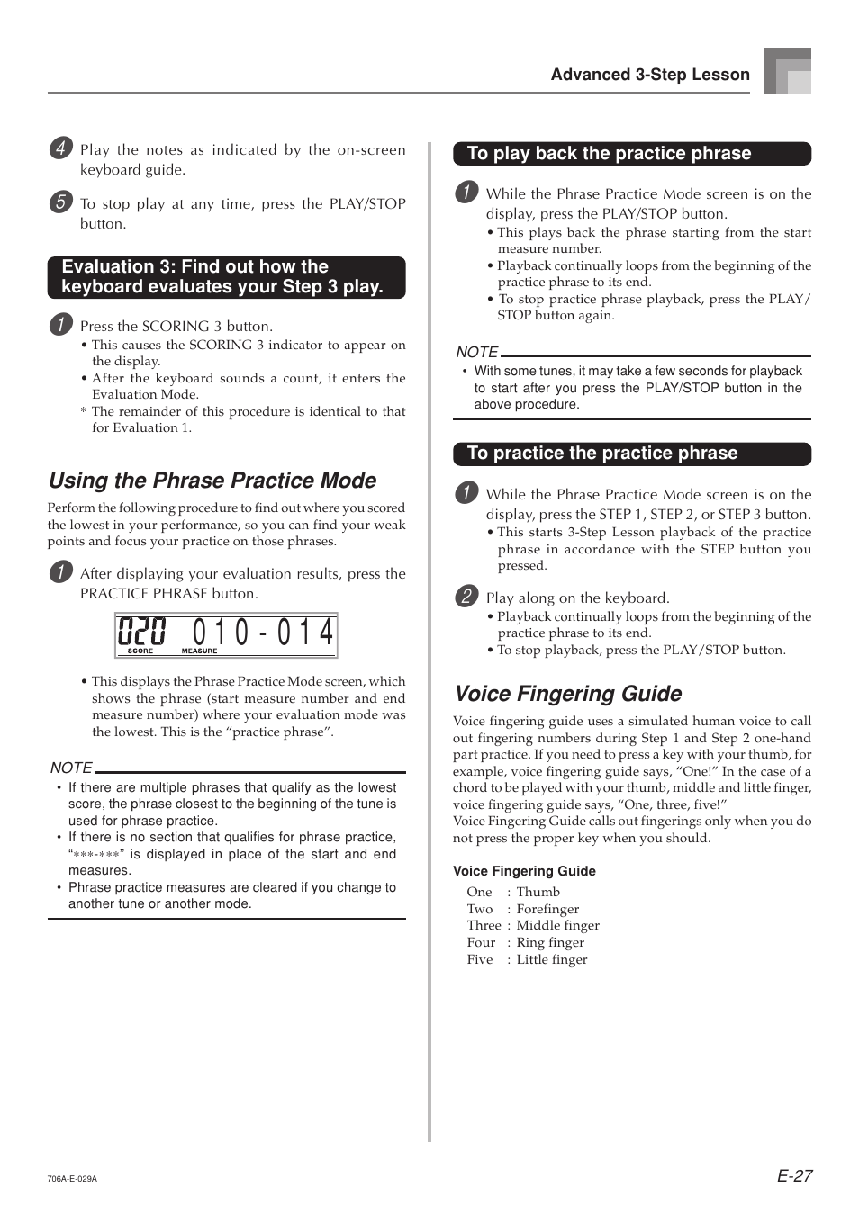 Using the phrase practice mode, Voice fingering guide | Casio CTK800ES1A User Manual | Page 29 / 69