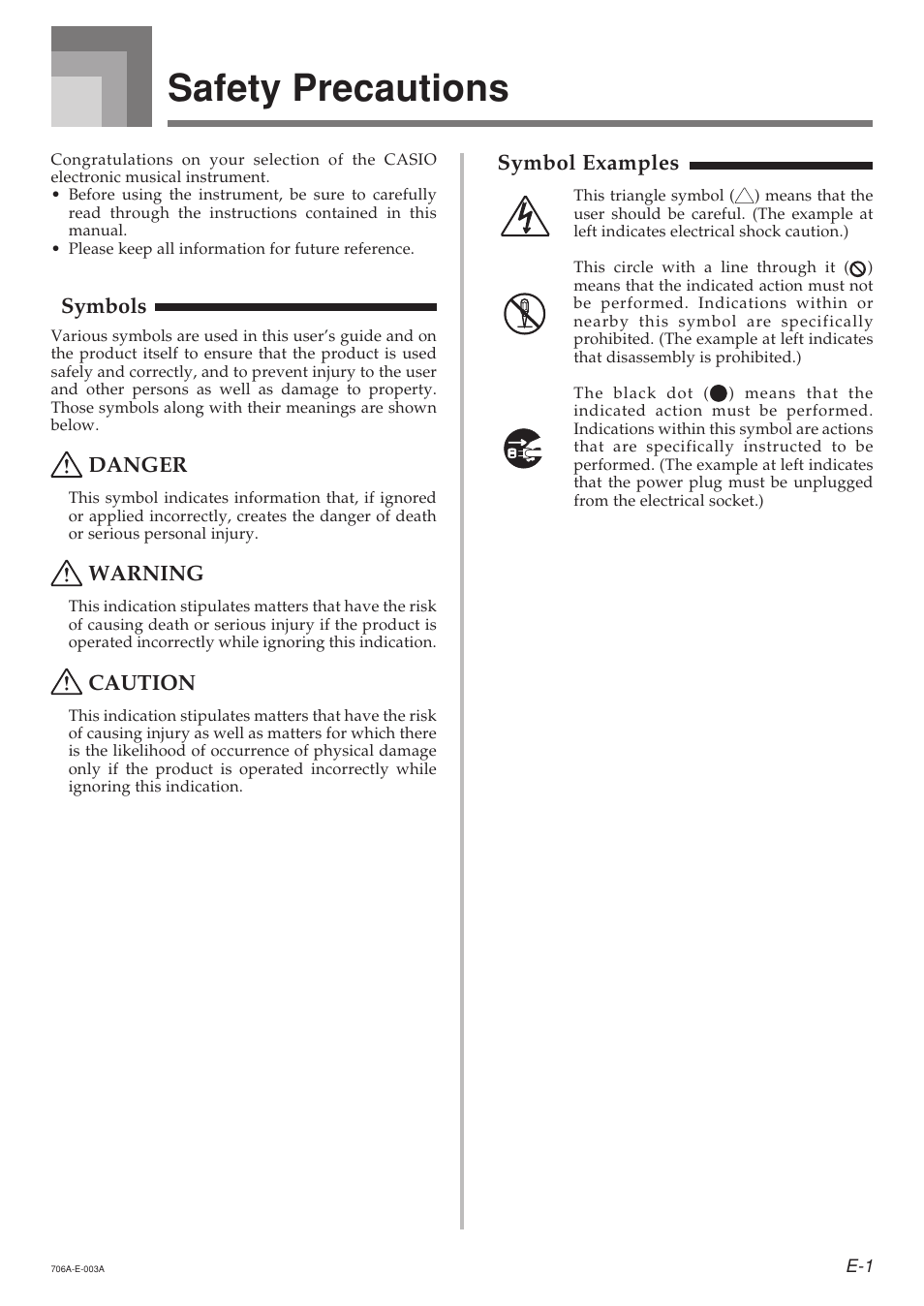 Safety precautions, Symbols, Danger | Warning, Caution, Symbol examples | Casio CTK800ES1A User Manual | Page 3 / 69