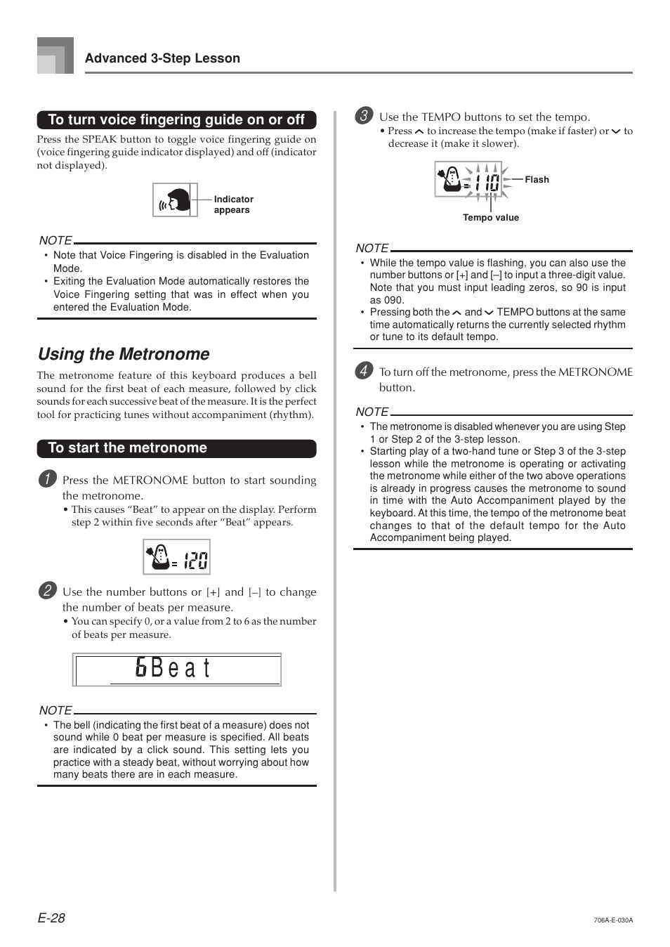 B e a t, Using the metronome | Casio CTK800ES1A User Manual | Page 30 / 69