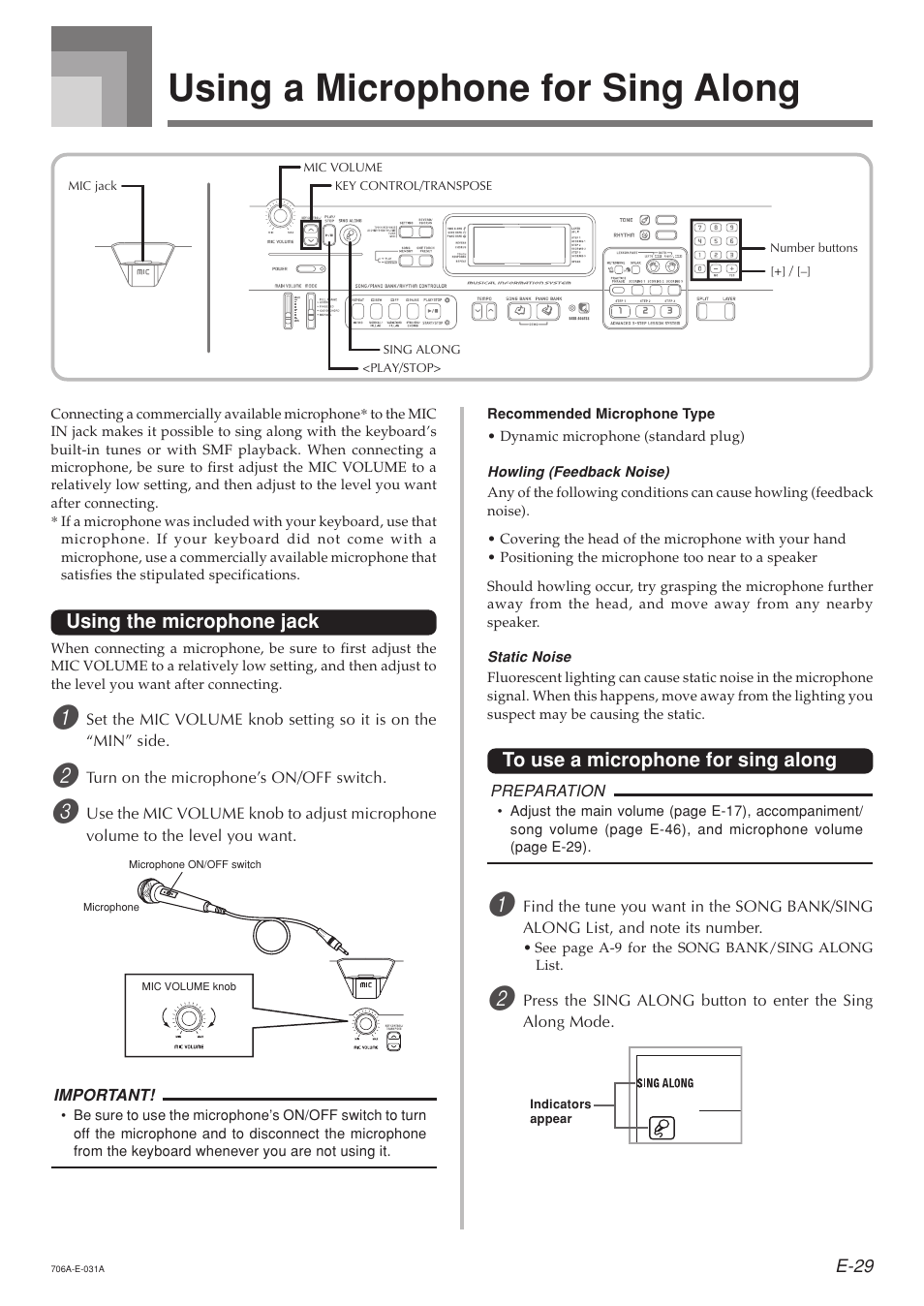 Using a microphone for sing along, Using the microphone jack | Casio CTK800ES1A User Manual | Page 31 / 69