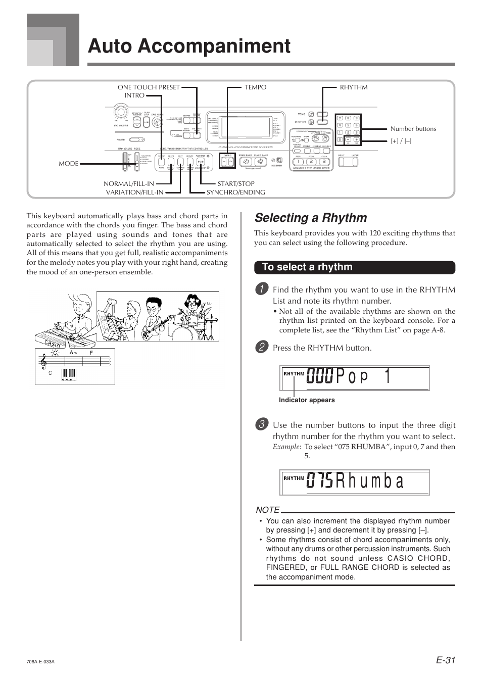 Auto accompaniment, Selecting a rhythm | Casio CTK800ES1A User Manual | Page 33 / 69