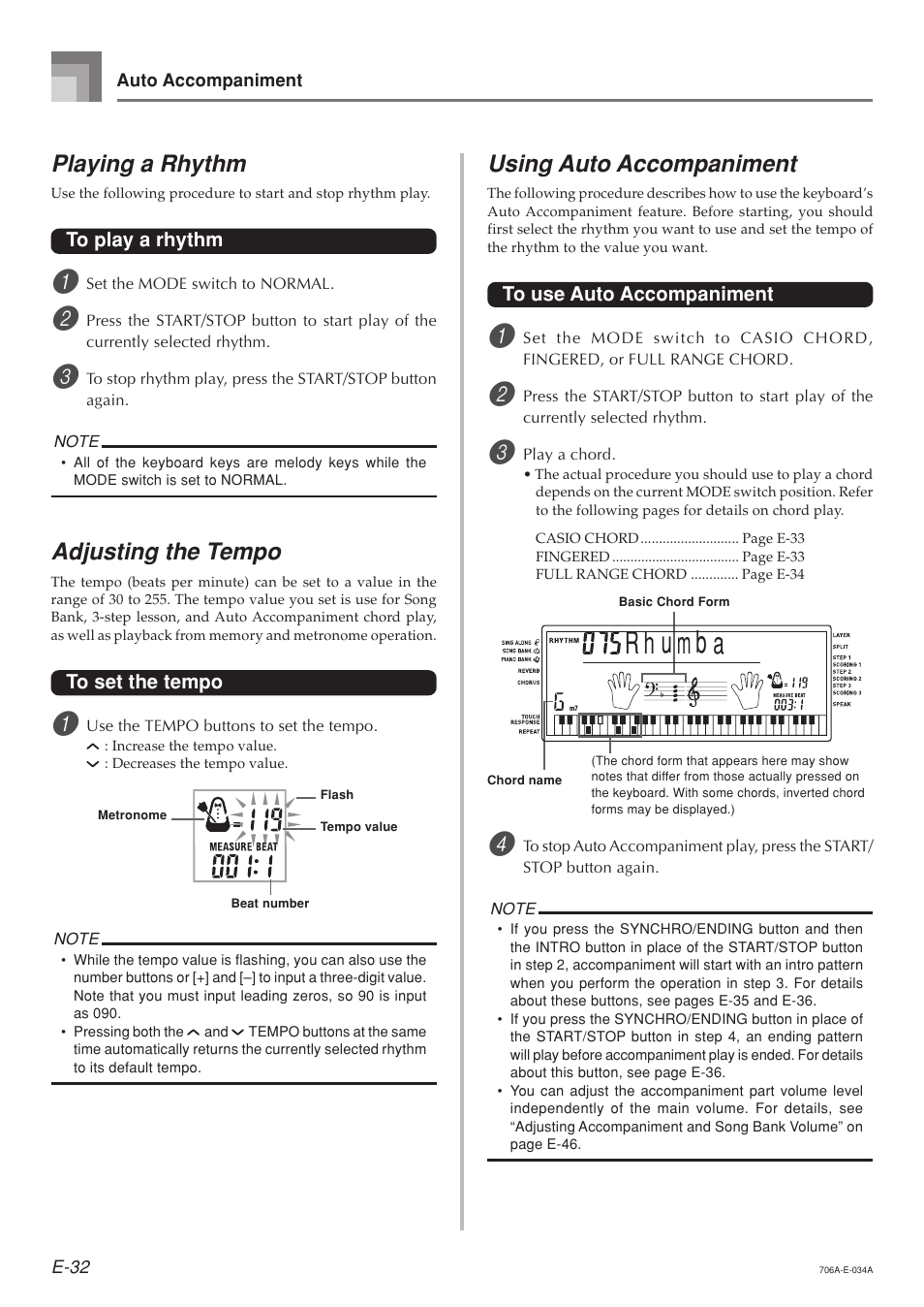 Playing a rhythm, Adjusting the tempo, Using auto accompaniment | Casio CTK800ES1A User Manual | Page 34 / 69