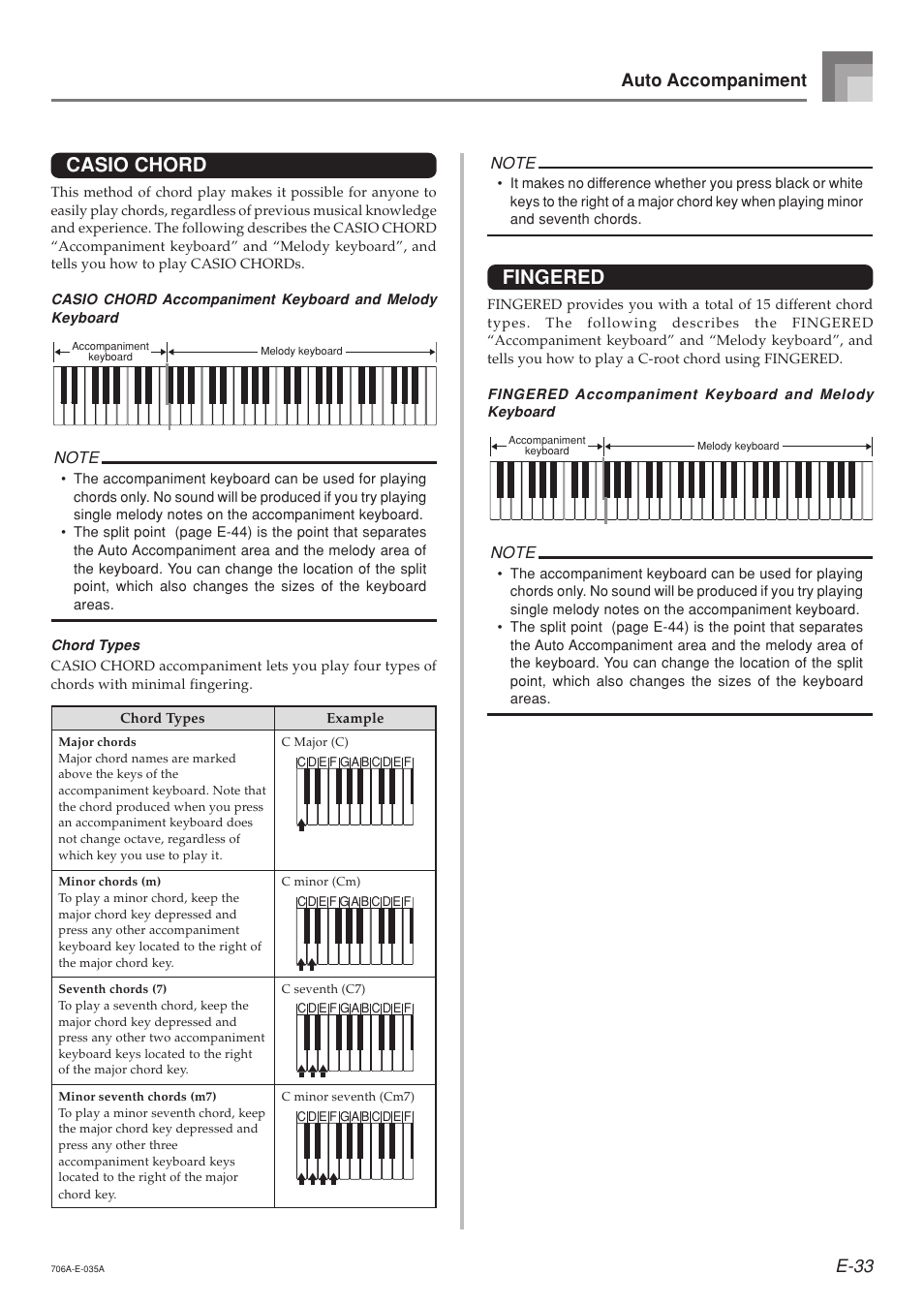 Casio chord, Fingered, E-33 | Auto accompaniment | Casio CTK800ES1A User Manual | Page 35 / 69