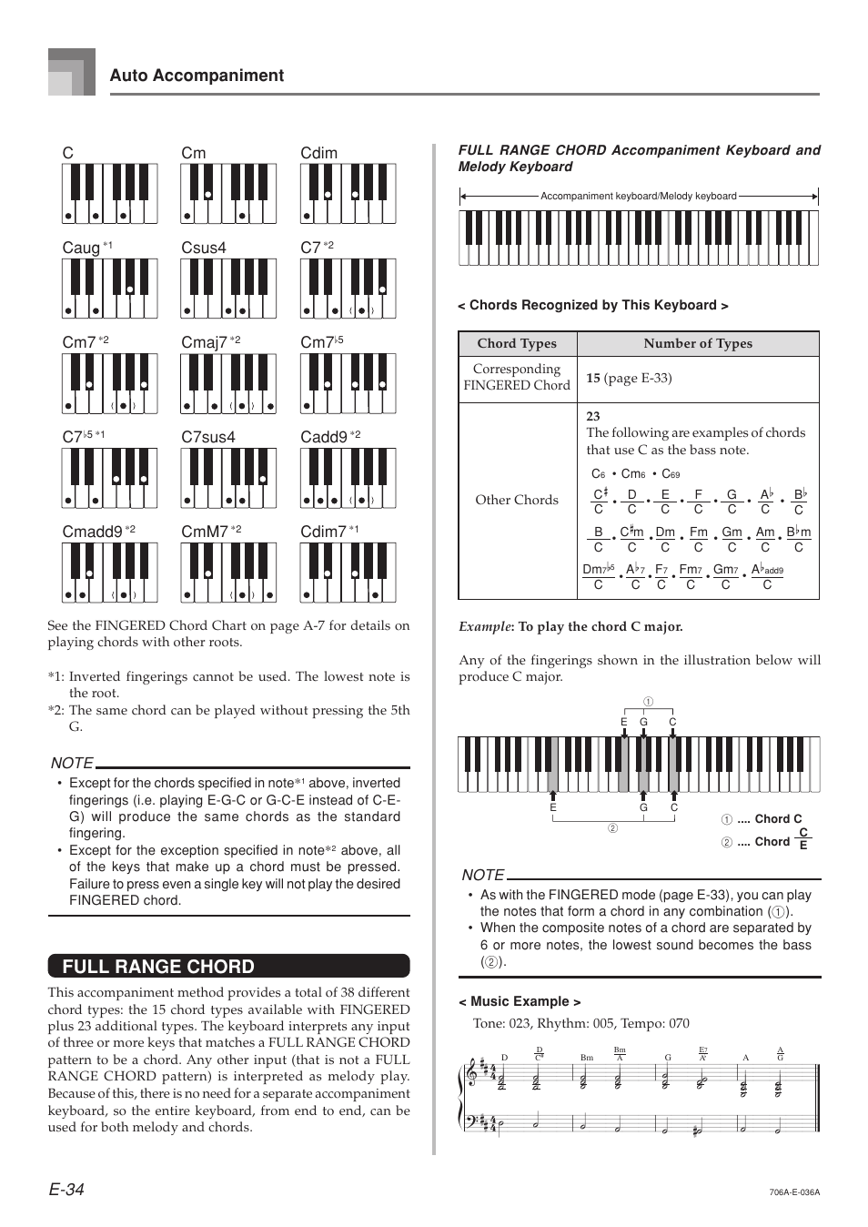 Full range chord, E-34, Auto accompaniment | Ccaug, Cmadd9, Cm csus4 cmaj7, C7sus4 cmm7, Cdim c7, Cadd9, Cdim7 | Casio CTK800ES1A User Manual | Page 36 / 69