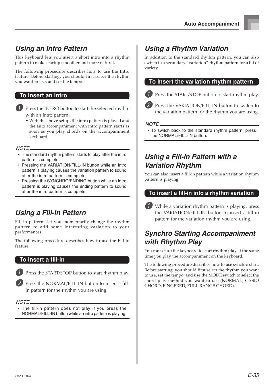 Using an intro pattern, Using a fill-in pattern, Using a rhythm variation | Using a fill-in pattern with a variation rhythm, Synchro starting accompaniment with rhythm play | Casio CTK800ES1A User Manual | Page 37 / 69