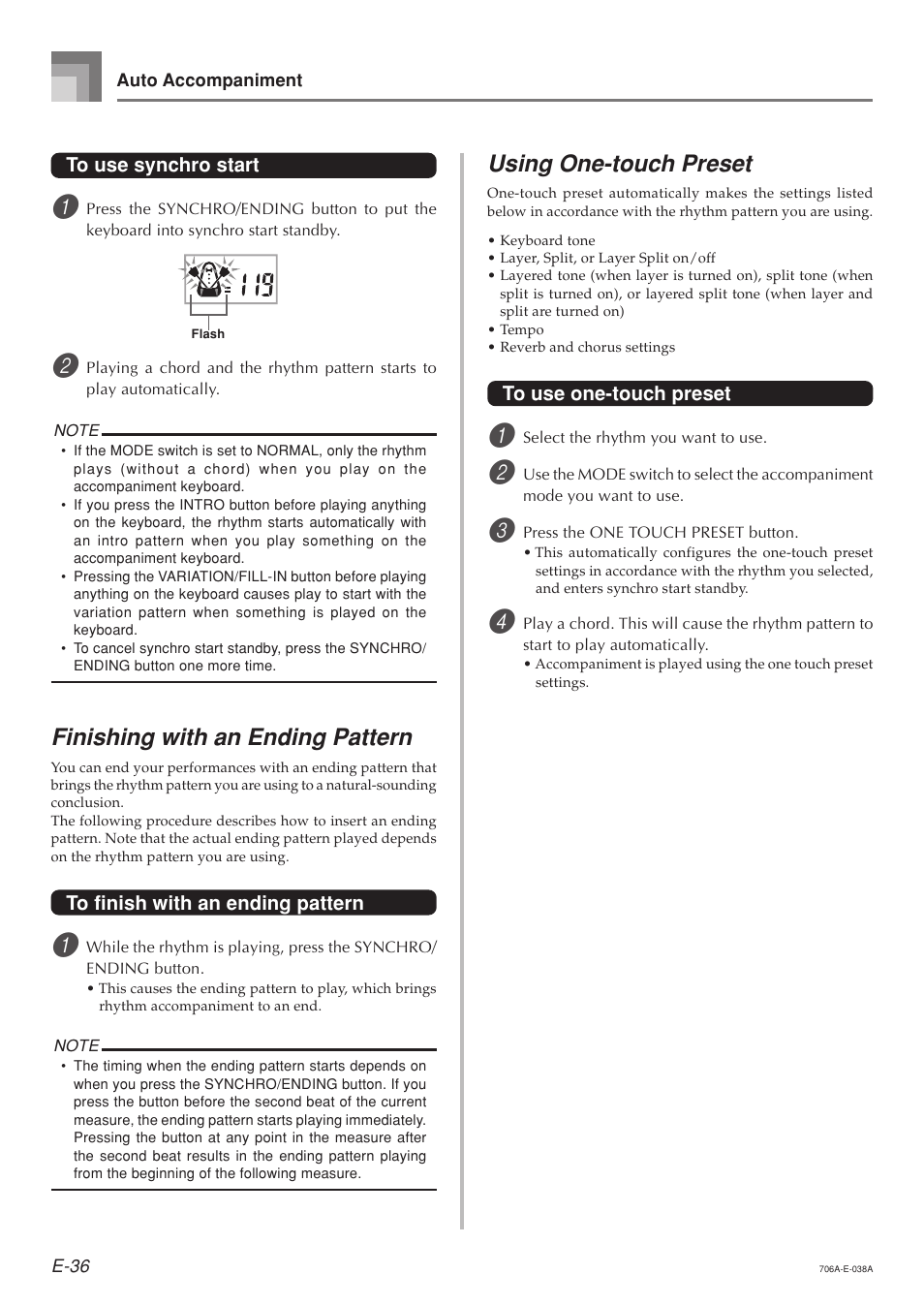 Finishing with an ending pattern, Using one-touch preset | Casio CTK800ES1A User Manual | Page 38 / 69