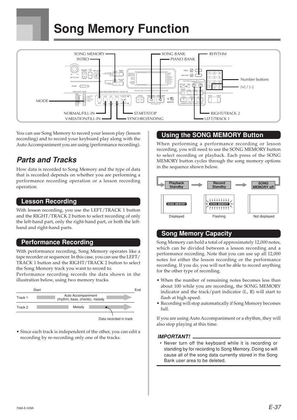 Parts and tracks, Lesson recording, Performance recording | E-37 | Casio CTK800ES1A User Manual | Page 39 / 69