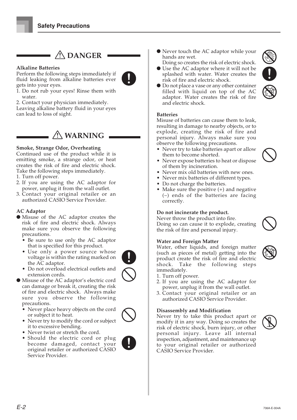 Danger, Warning | Casio CTK800ES1A User Manual | Page 4 / 69