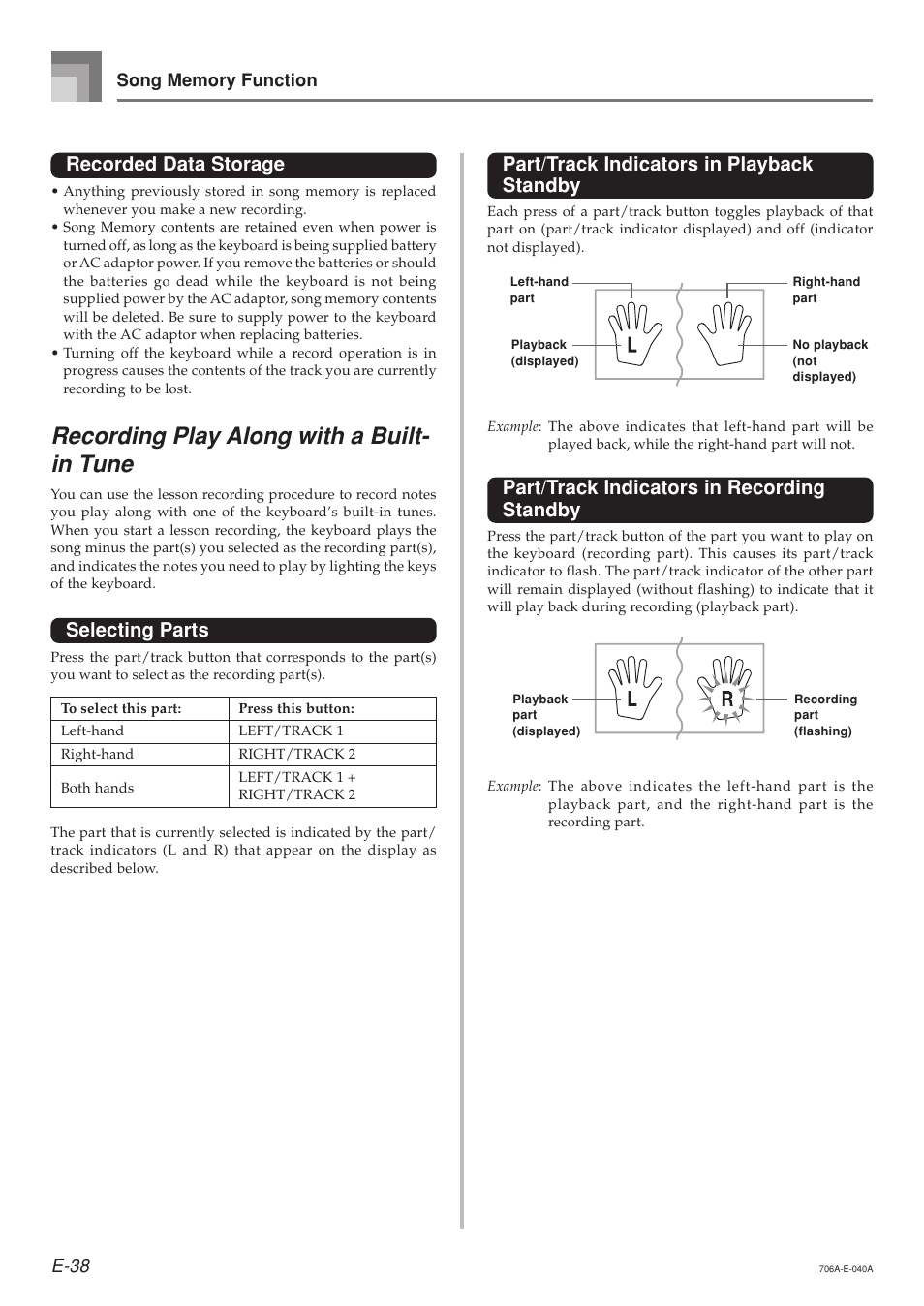 Recording play along with a built- in tune, Recorded data storage, Selecting parts | Part/track indicators in playback standby, Part/track indicators in recording standby | Casio CTK800ES1A User Manual | Page 40 / 69