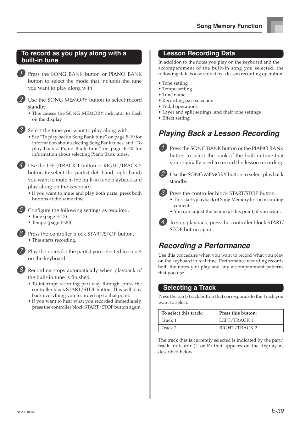 Playing back a lesson recording, Recording a performance | Casio CTK800ES1A User Manual | Page 41 / 69