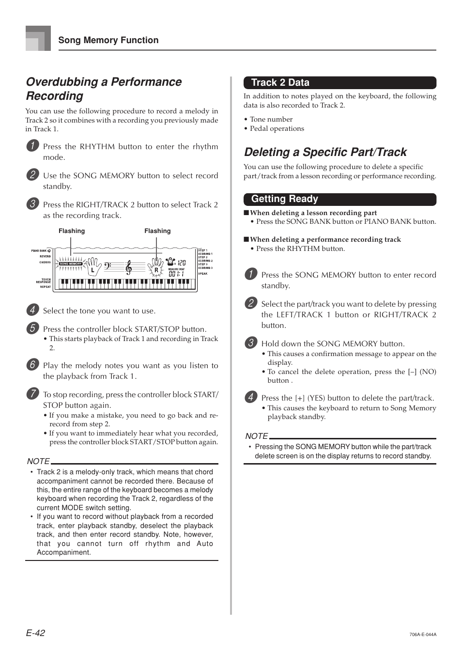 Overdubbing a performance recording, Deleting a specific part/track | Casio CTK800ES1A User Manual | Page 44 / 69