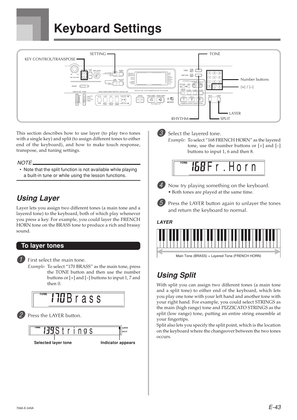 F r . h o r n, Keyboard settings, Using layer | Using split | Casio CTK800ES1A User Manual | Page 45 / 69