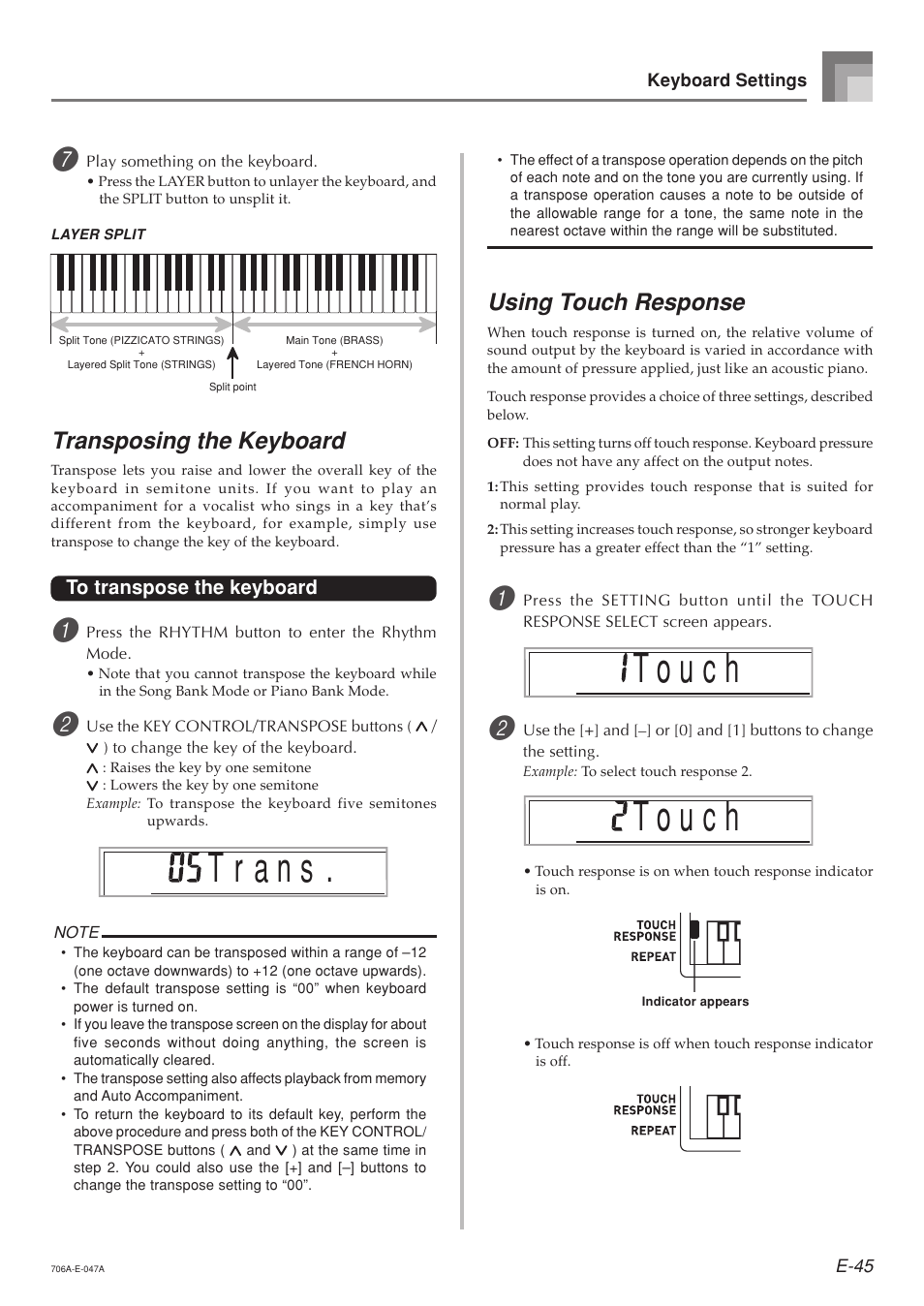 Transposing the keyboard, Using touch response | Casio CTK800ES1A User Manual | Page 47 / 69