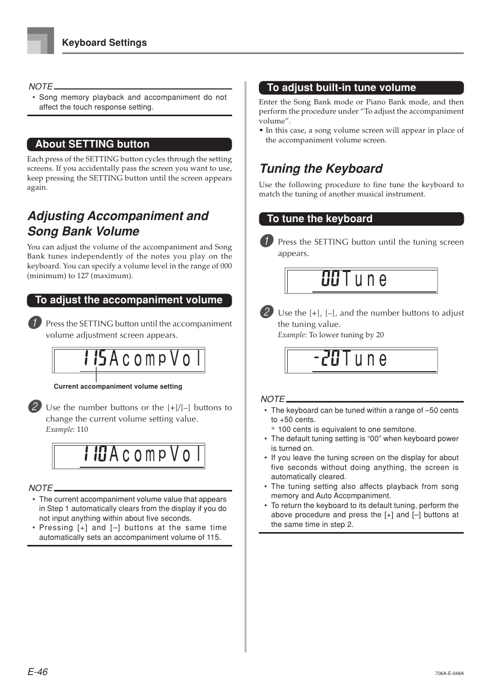 A c o m, V o l, T u n e | Adjusting accompaniment and song bank volume, Tuning the keyboard | Casio CTK800ES1A User Manual | Page 48 / 69