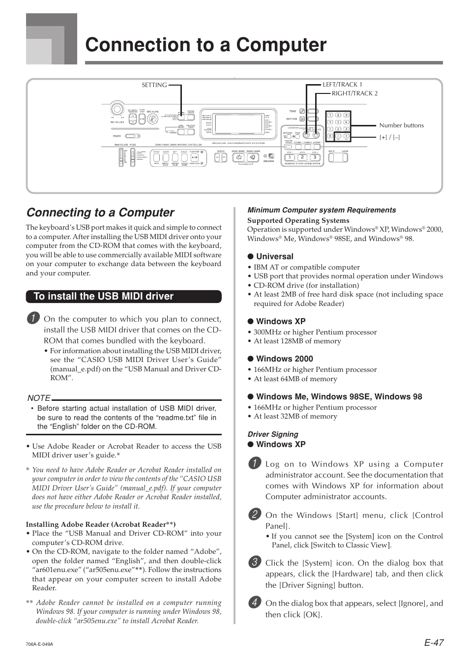 Connection to a computer, Connecting to a computer | Casio CTK800ES1A User Manual | Page 49 / 69