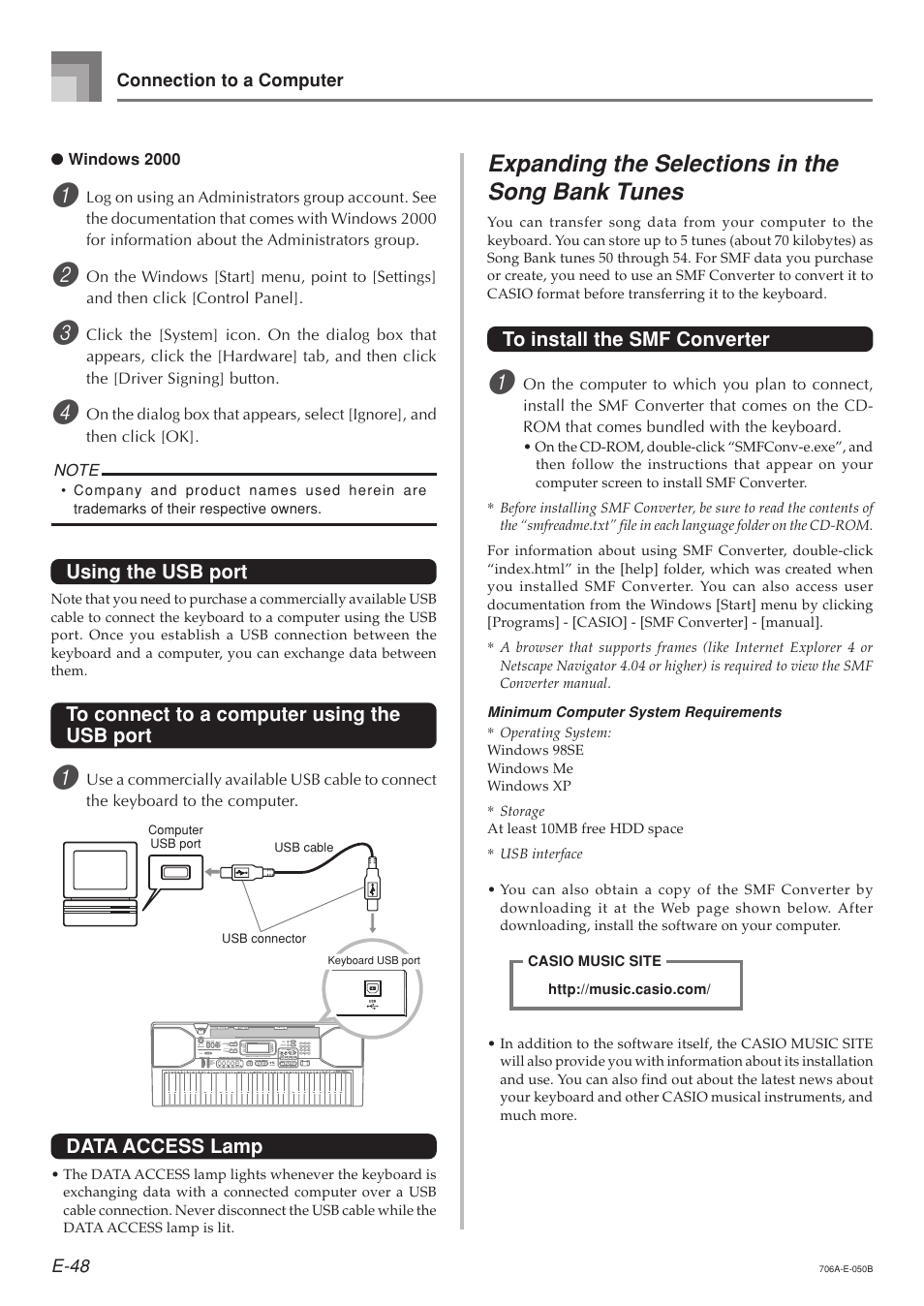 Expanding the selections in the song bank tunes, Using the usb port, Data access lamp | Casio CTK800ES1A User Manual | Page 50 / 69