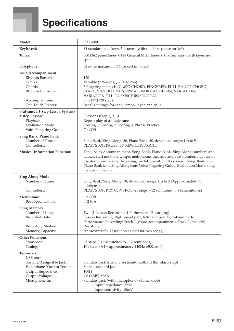 Specifications, E-53 | Casio CTK800ES1A User Manual | Page 55 / 69