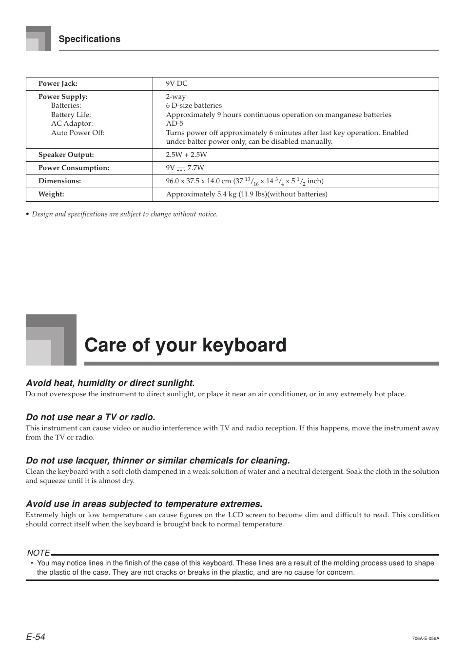 Care of your keyboard, E-54, Specifications | Avoid heat, humidity or direct sunlight, Do not use near a tv or radio | Casio CTK800ES1A User Manual | Page 56 / 69