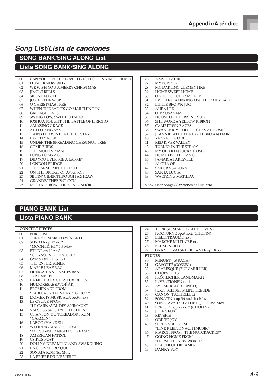 Song list/lista de canciones, Piano bank list lista piano bank, Appendix/apéndice | Casio CTK800ES1A User Manual | Page 66 / 69