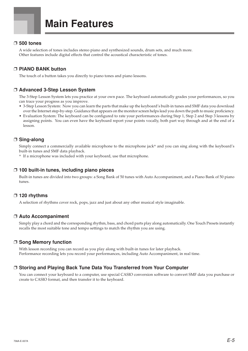 Main features | Casio CTK800ES1A User Manual | Page 7 / 69