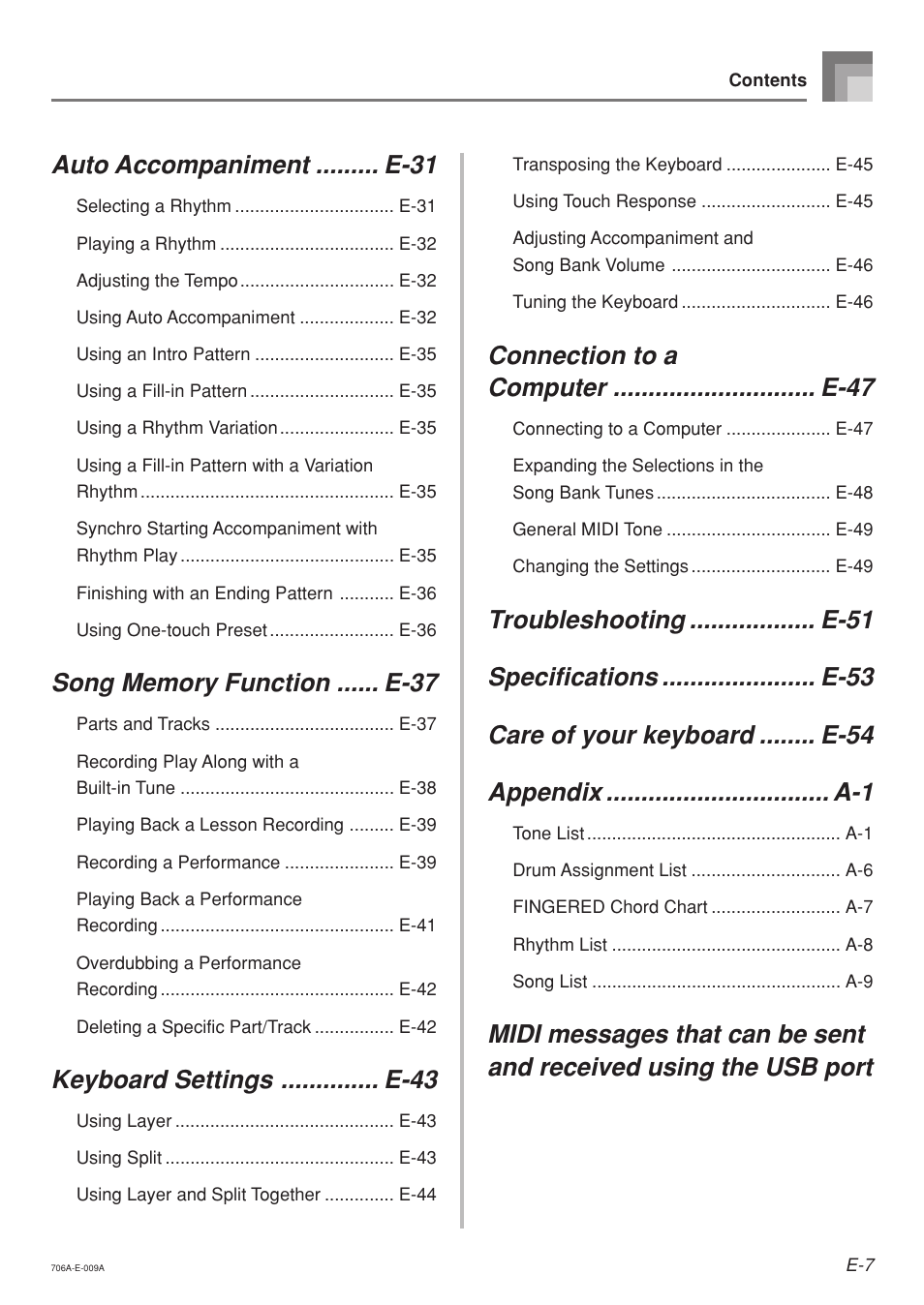 Auto accompaniment ......... e-31, Keyboard settings .............. e-43 | Casio CTK800ES1A User Manual | Page 9 / 69