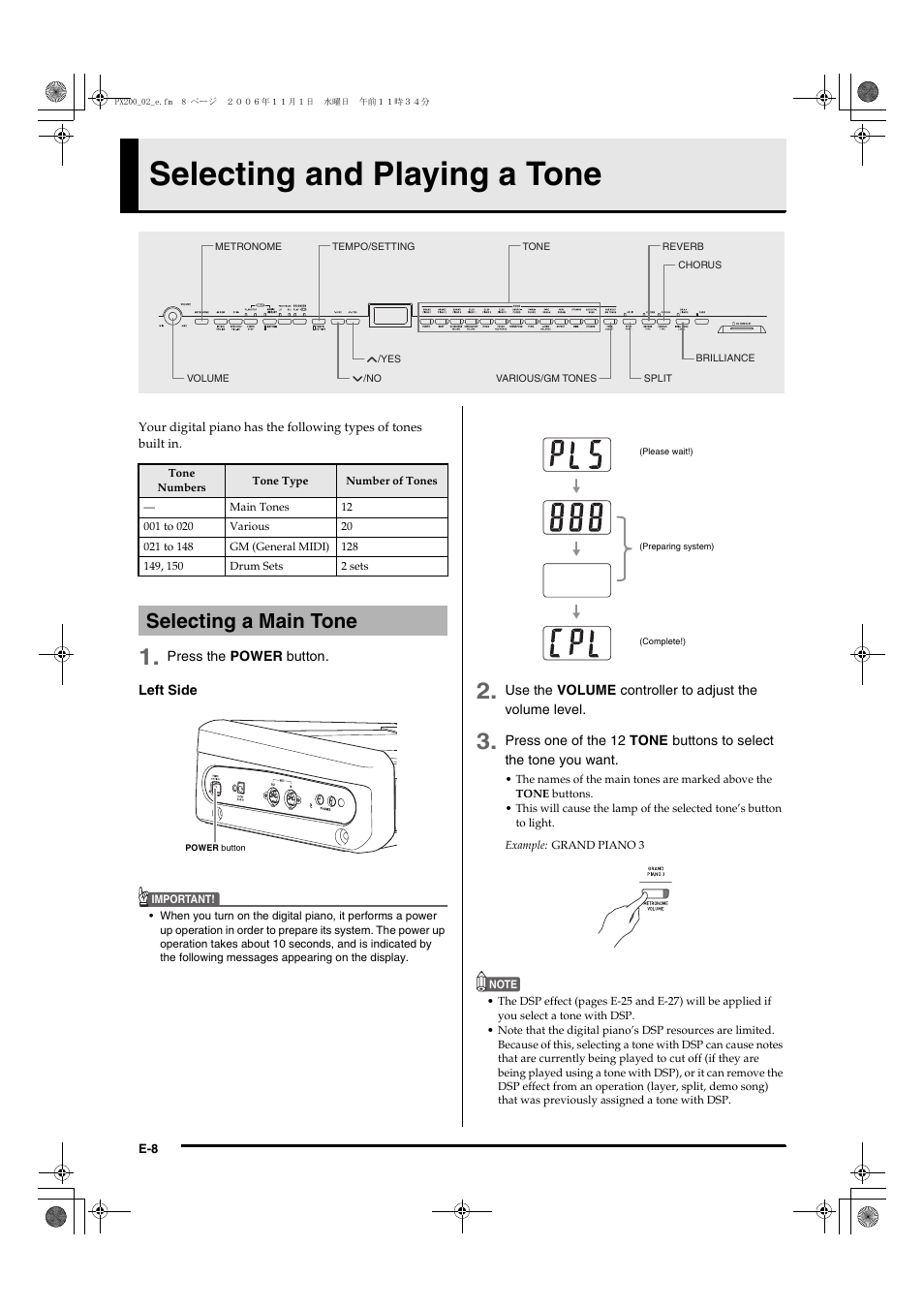 Selecting and playing a tone, Selecting a main tone | Casio PX200 User Manual | Page 10 / 50