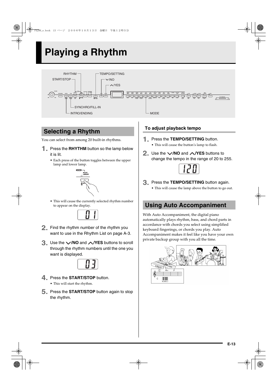 Playing a rhythm, Selecting a rhythm using auto accompaniment | Casio PX200 User Manual | Page 15 / 50