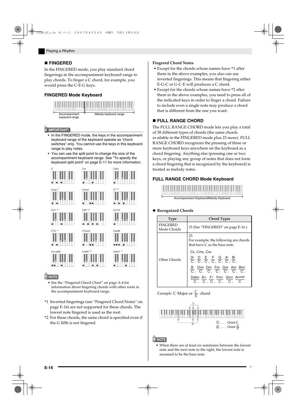 Fingered, Fingered mode keyboard, Full range chord | Full range chord mode keyboard | Casio PX200 User Manual | Page 18 / 50