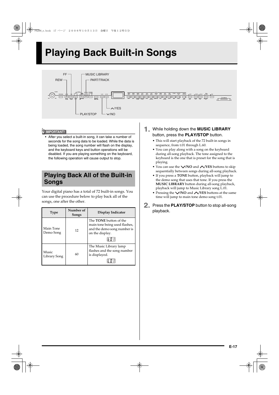 Playing back built-in songs, Playing back all of the built-in songs | Casio PX200 User Manual | Page 19 / 50