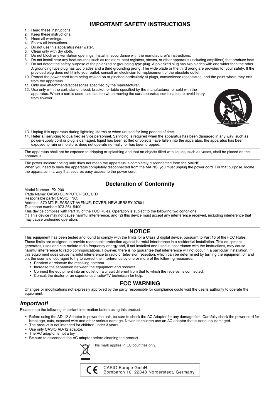 Important, Important safety instructions, Declaration of conformity | Notice, Fcc warning | Casio PX200 User Manual | Page 2 / 50