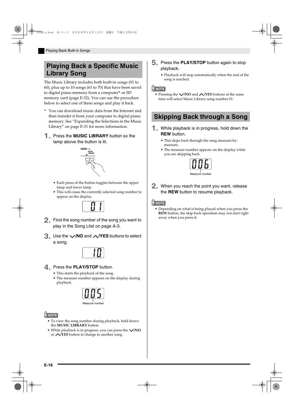 Playing back a specific music library song, Skipping back through a song | Casio PX200 User Manual | Page 20 / 50