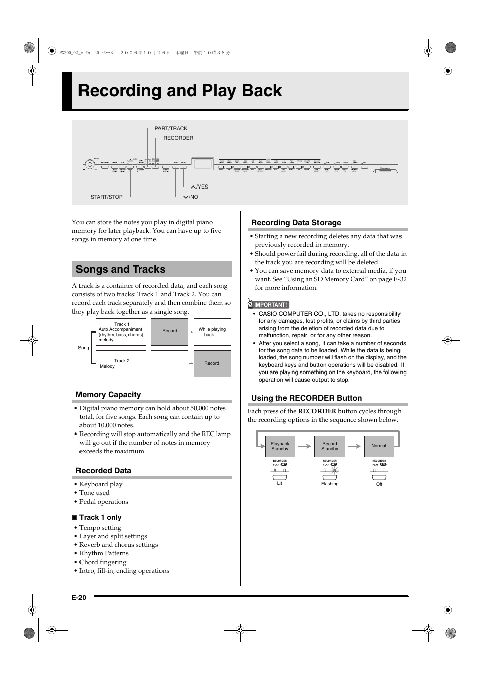 Recording and play back, Songs and tracks | Casio PX200 User Manual | Page 22 / 50