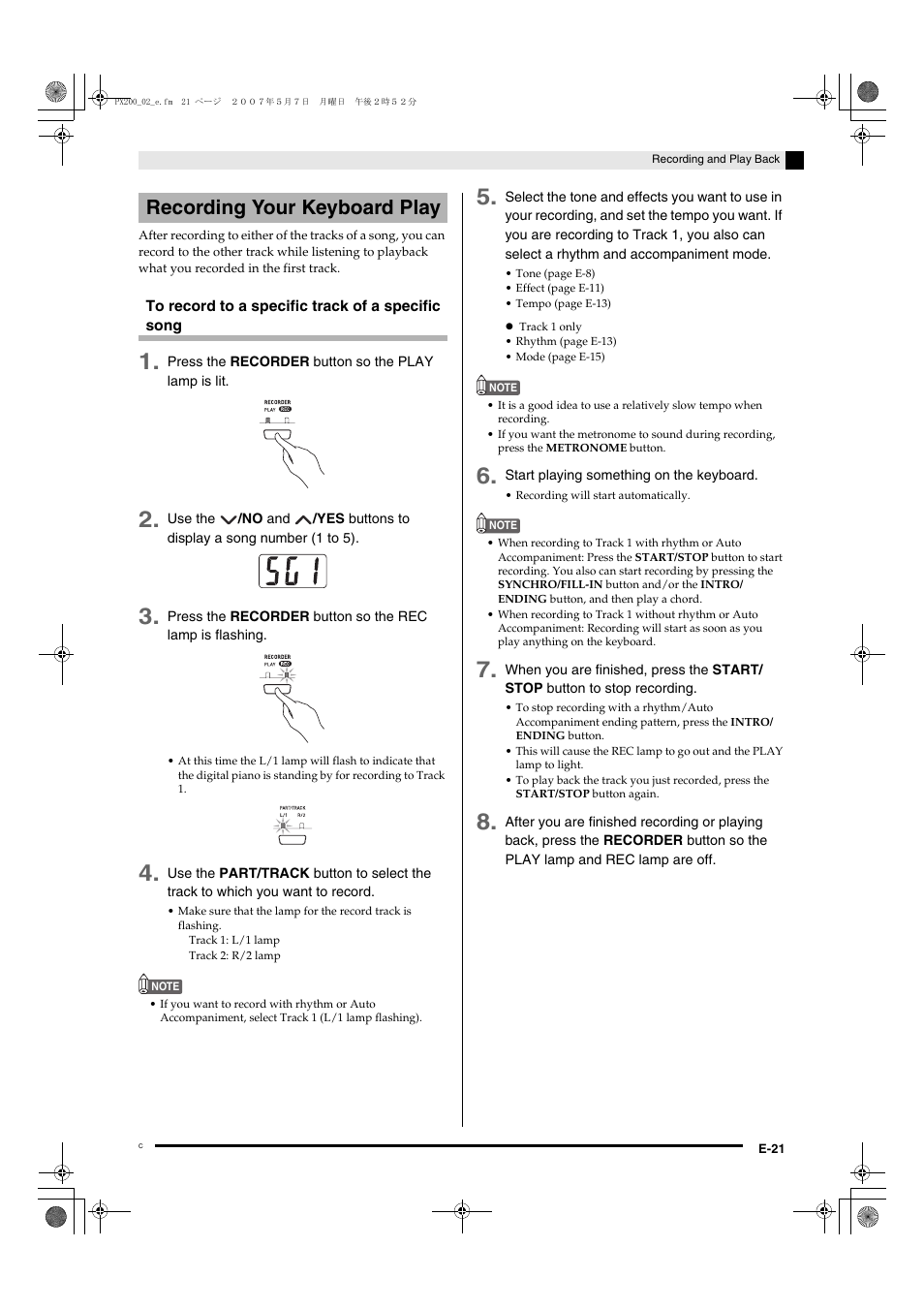 Recording your keyboard play | Casio PX200 User Manual | Page 23 / 50