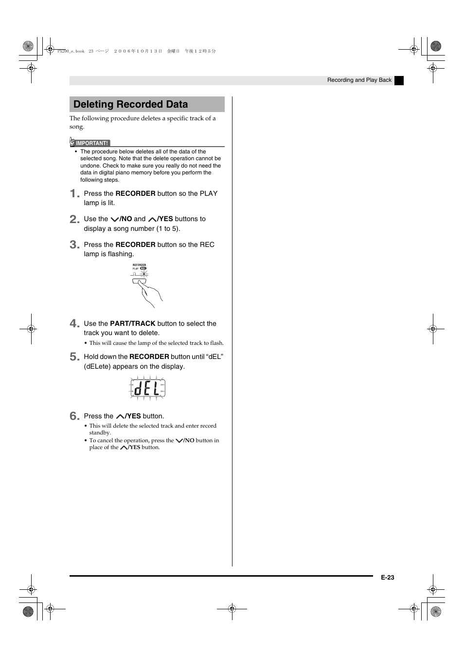 Deleting recorded data | Casio PX200 User Manual | Page 25 / 50