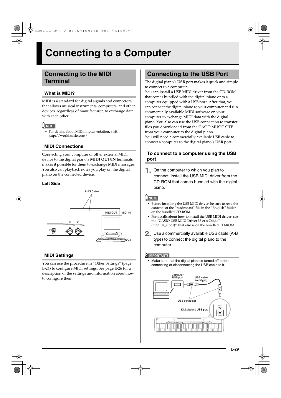 Connecting to a computer, Connecting to the midi terminal, Connecting to the usb port | Casio PX200 User Manual | Page 31 / 50