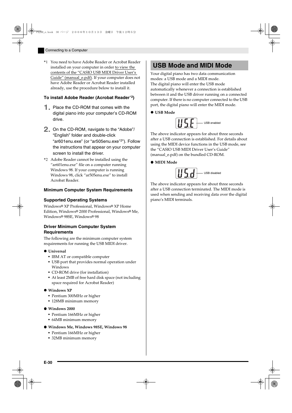 Usb mode and midi mode | Casio PX200 User Manual | Page 32 / 50