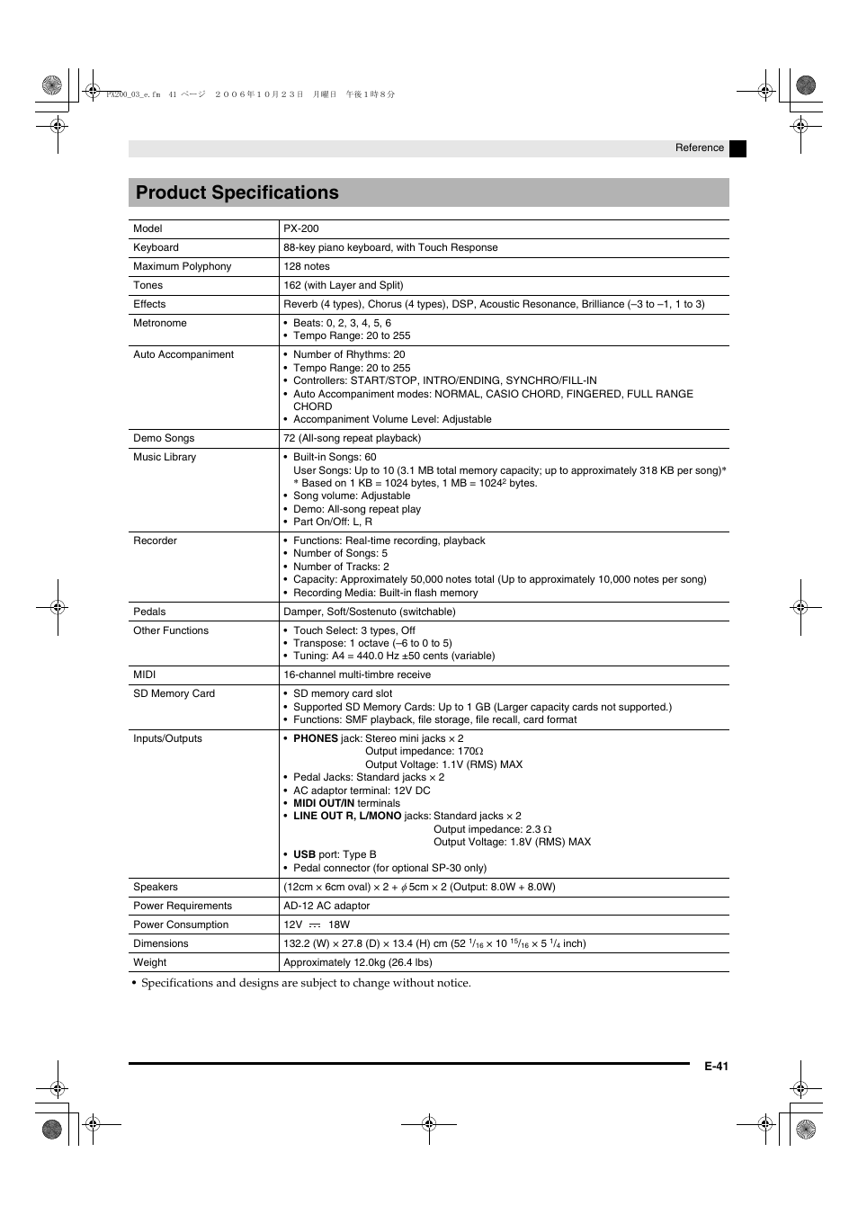 Product specifications | Casio PX200 User Manual | Page 43 / 50