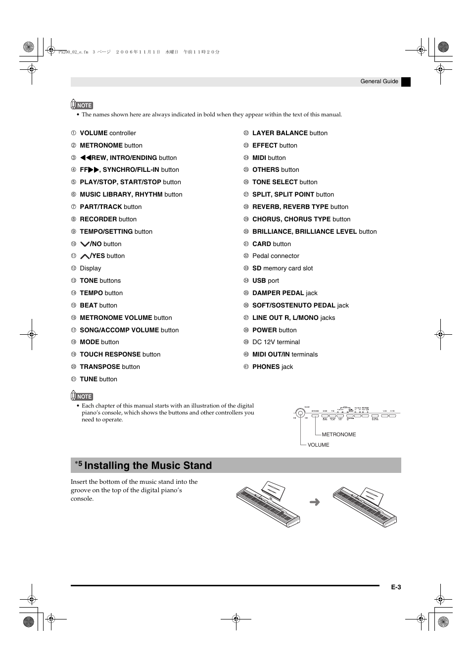 Installing the music stand | Casio PX200 User Manual | Page 5 / 50