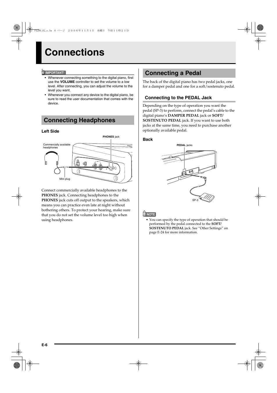 Connections, Connecting headphones, Connecting a pedal | Casio PX200 User Manual | Page 8 / 50