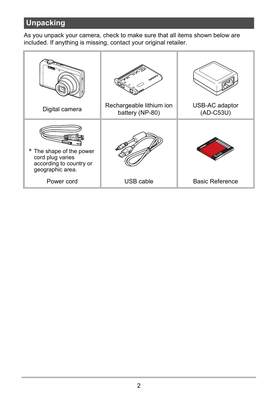 Unpacking | Casio EXILIM EX-Z88 User Manual | Page 2 / 139